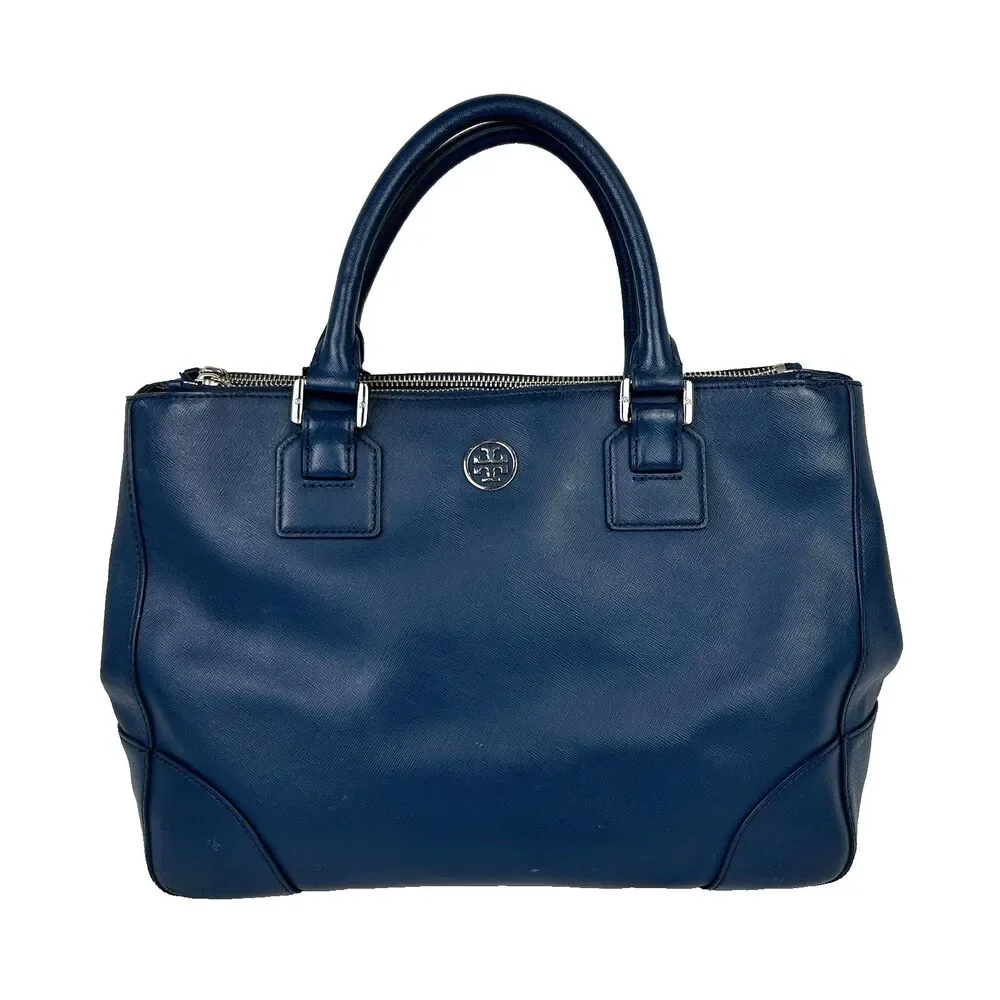 Tory Burch Robinson Double Zip Tote Bag Navy Blue Top Handle Purse Leather Work